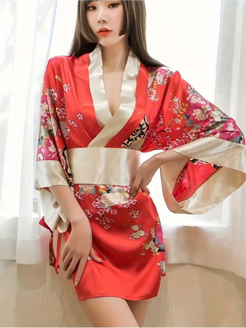 Red Floral Satin Kimono Robe with Cream Trim